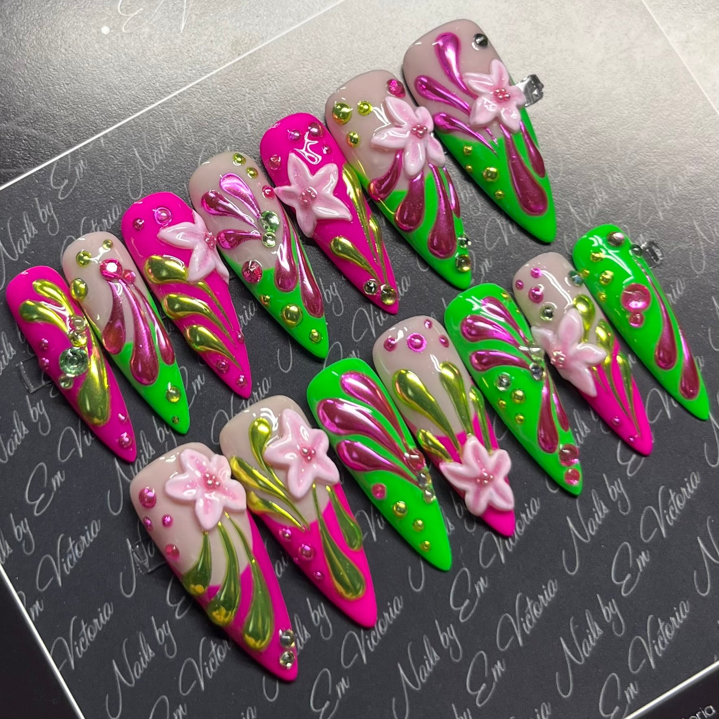 Pink Green 3D Flowers in Long Stiletto