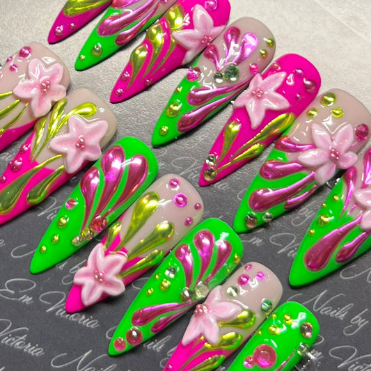 Pink Green 3D Flowers in Long Stiletto