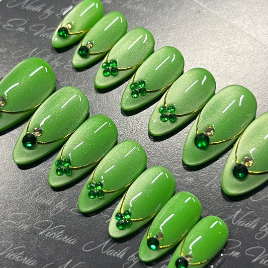 St Patrick’s Day Subtle Velvet Effect Cateye Nails in Mid Almond