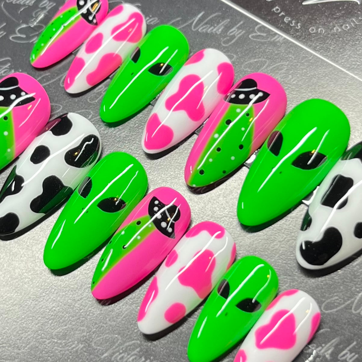 Pink Green Alien Cow Print Mid Almond