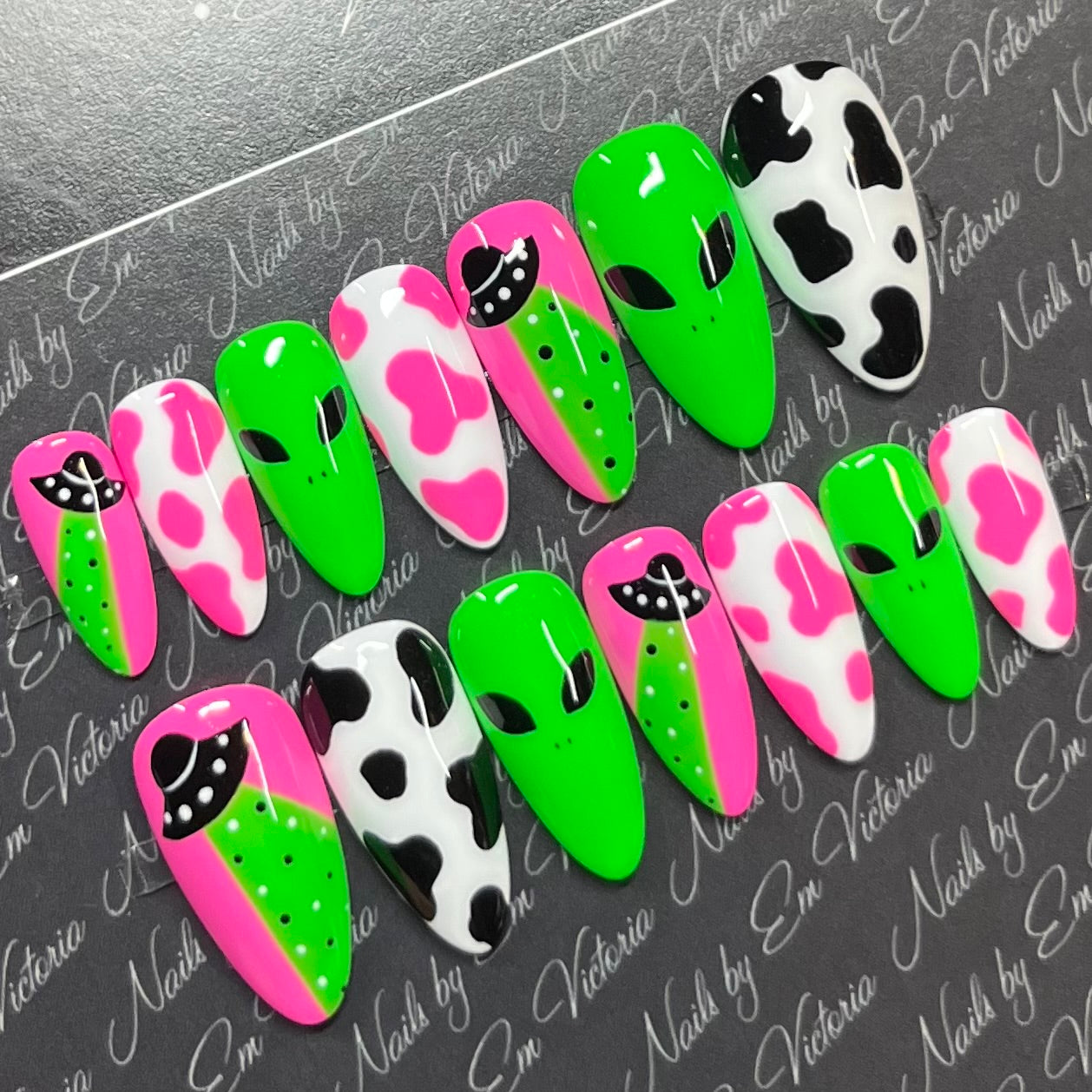Pink Green Alien Cow Print Mid Almond