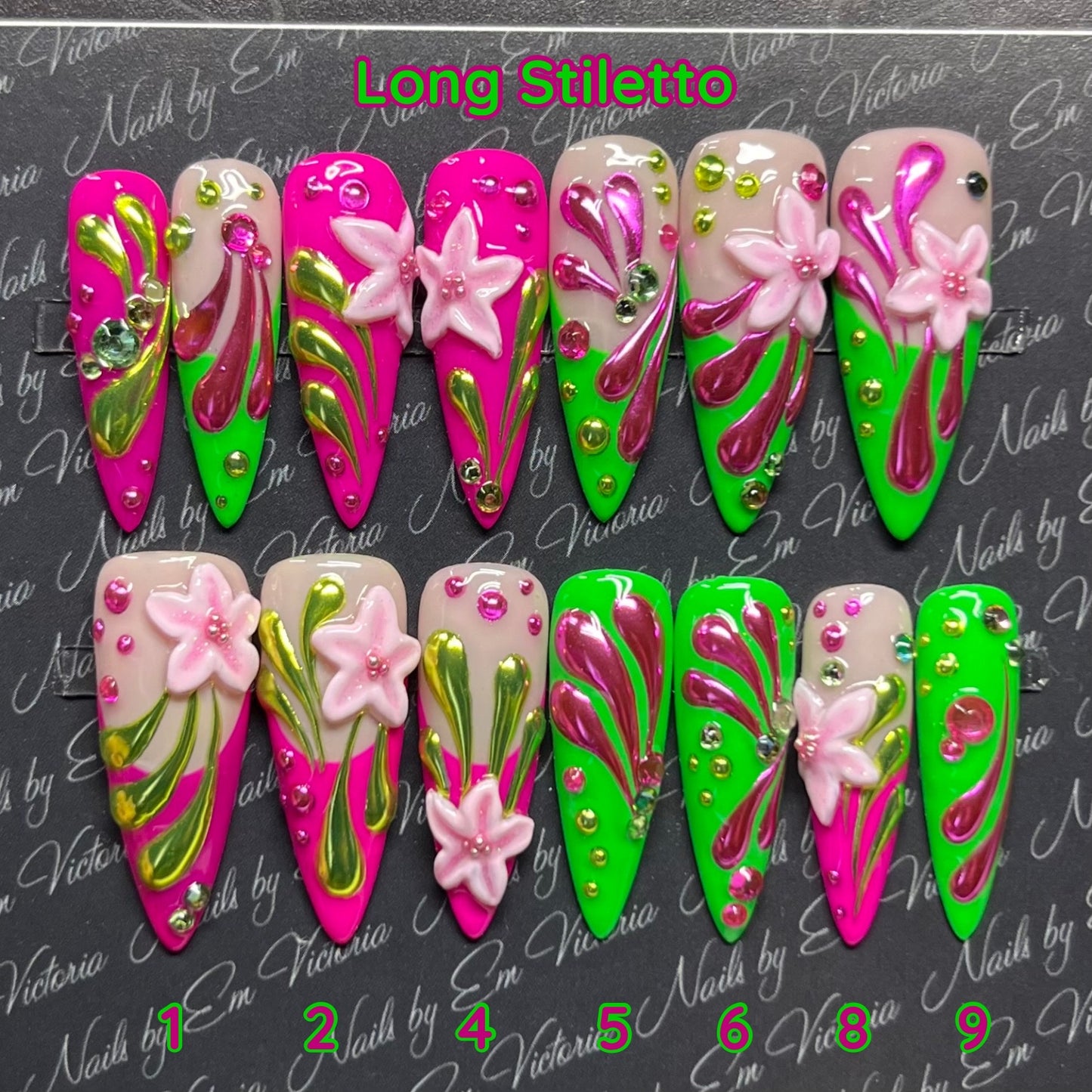 Pink Green 3D Flowers in Long Stiletto