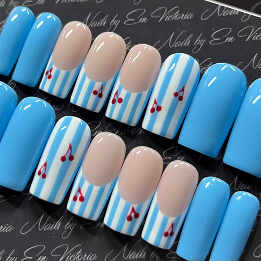 Pastel Blue Stripes Cherries in Mid Square