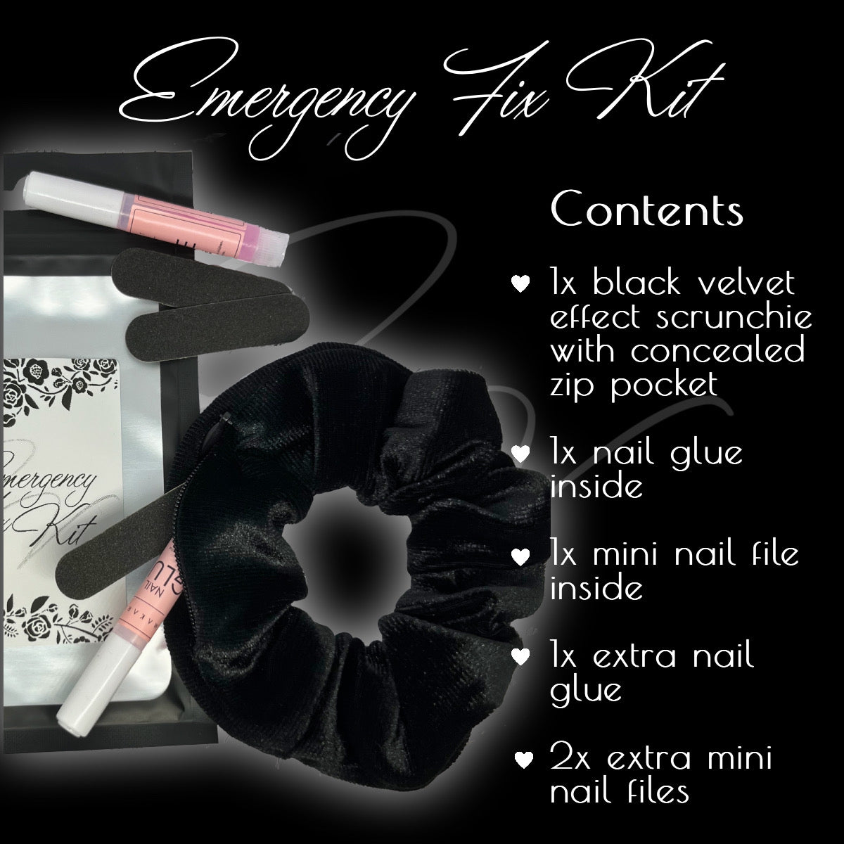 Zip Compartment Scrunchie - With On The Go Nail Repair Supplies!